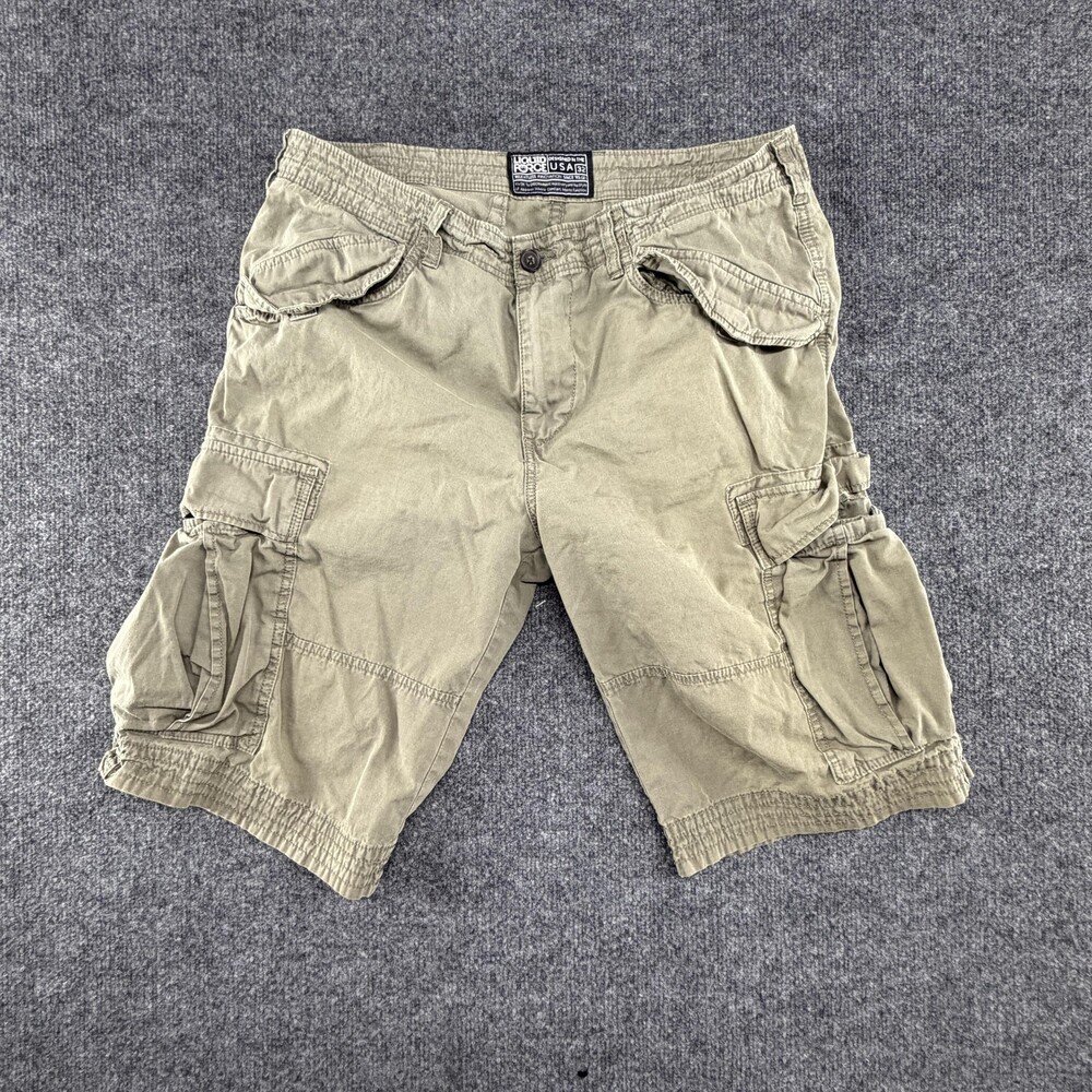 Y2K Liquid Force Cargo Shorts Mens 32 Green Canvas Elastic Waist Pockets Casual